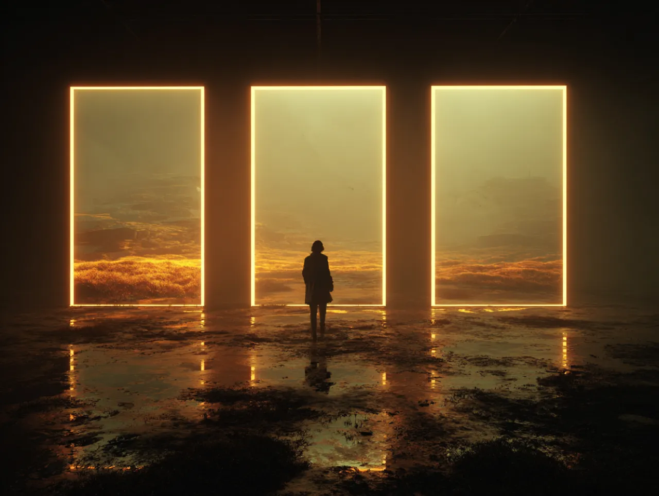 Three doors of light standing on dark water, with a figure before them