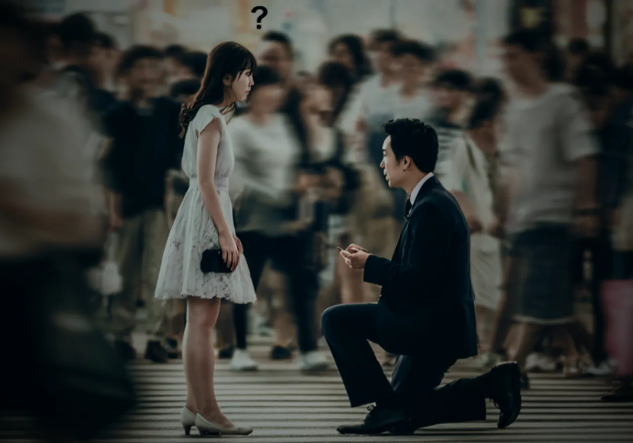 雑踏の中、ひざまずいてプロポーズする男性と、戸惑う女性