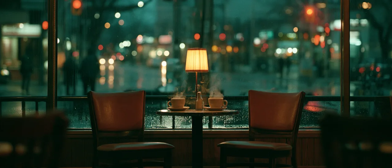 雨の街を望むカフェの窓辺