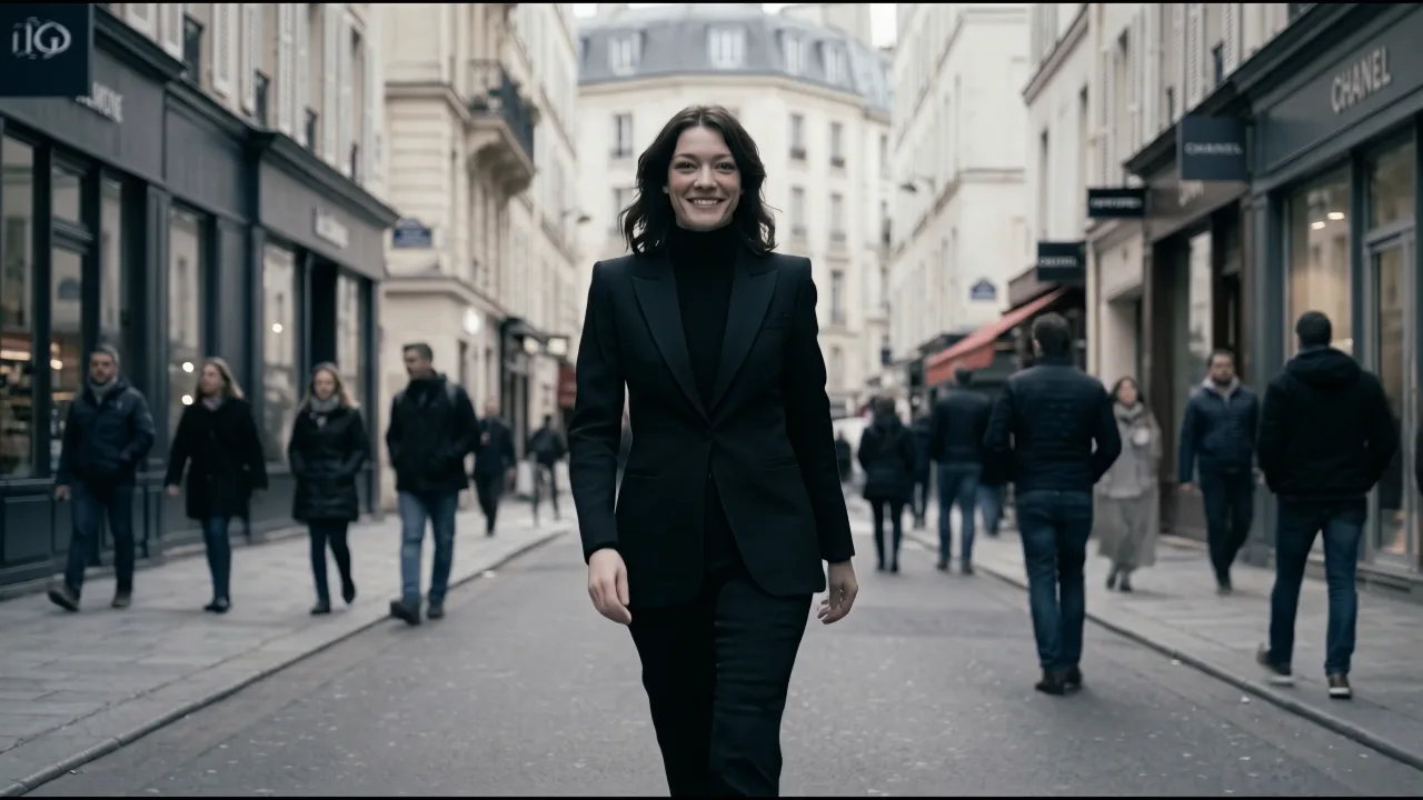 From MĪN: a woman walking down a city street